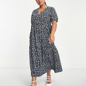 ASOS Design Curve Tiered Wrap Dress Black Blue Tie Front Floral Maxi Size 18